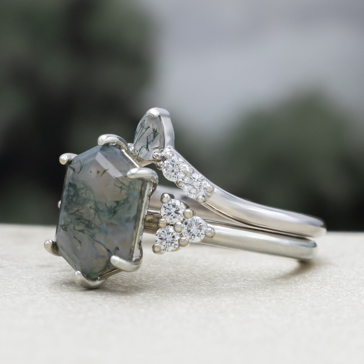 "Octavia" - Elongated Hexagon Cut Moss Agate Engagement Ring With Diamond or Moss Agate Accents & Tracer