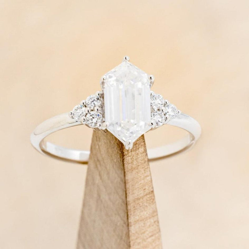 "OCTAVIA" - ELONGATED HEXAGON MOISSANITE ENGAGEMENT RING WITH DIAMOND ACCENTS