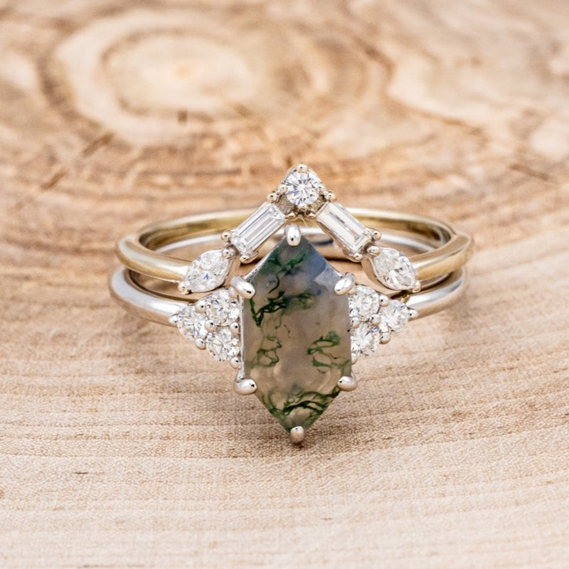 "OCTAVIA" - BRIDAL SUITE - ELONGATED HEXAGON MOSS AGATE ENGAGEMENT RING WITH DIAMOND ACCENTS & TRACERS-32