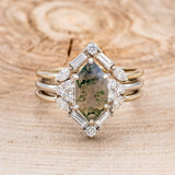 "OCTAVIA" - BRIDAL SUITE - ELONGATED HEXAGON MOSS AGATE ENGAGEMENT RING WITH DIAMOND ACCENTS & TRACERS-29