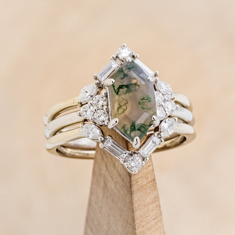 "OCTAVIA" - BRIDAL SUITE - ELONGATED HEXAGON MOSS AGATE ENGAGEMENT RING WITH DIAMOND ACCENTS & TRACERS-26