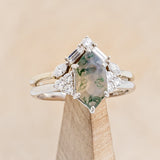 "OCTAVIA" - BRIDAL SUITE - ELONGATED HEXAGON MOSS AGATE ENGAGEMENT RING WITH DIAMOND ACCENTS & TRACERS-31