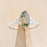 "OCTAVIA" - BRIDAL SUITE - ELONGATED HEXAGON MOSS AGATE ENGAGEMENT RING WITH DIAMOND ACCENTS & TRACERS-38