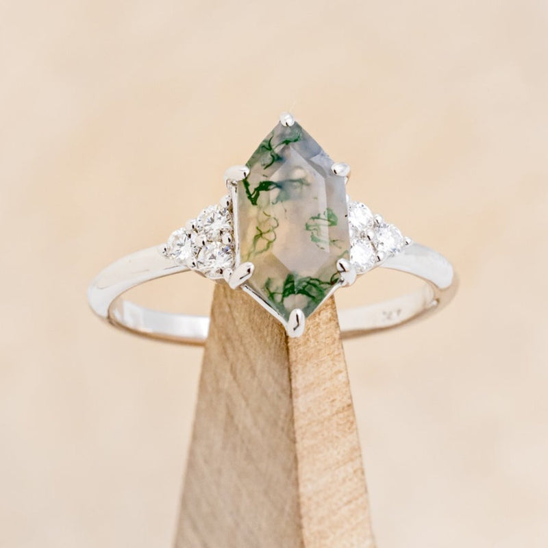 "OCTAVIA" - BRIDAL SUITE - ELONGATED HEXAGON MOSS AGATE ENGAGEMENT RING WITH DIAMOND ACCENTS & TRACERS-38