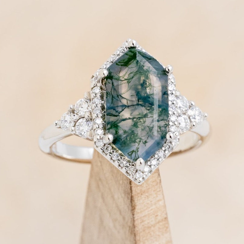 "OCTAVIA" - ELONGATED HEXAGON MOSS AGATE ENGAGEMENT RING WITH DIAMOND HALO & ACCENTS-8