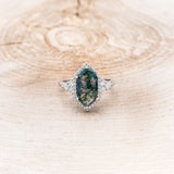 "OCTAVIA" - ELONGATED HEXAGON MOSS AGATE ENGAGEMENT RING WITH DIAMOND HALO & ACCENTS-10