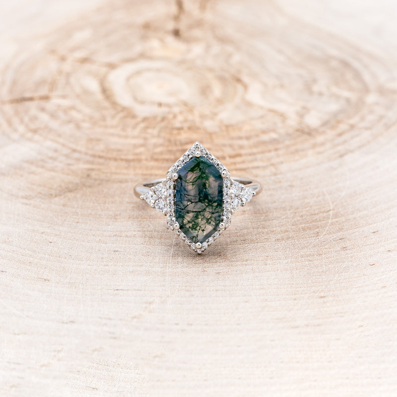 "OCTAVIA" - ELONGATED HEXAGON MOSS AGATE ENGAGEMENT RING WITH DIAMOND HALO & ACCENTS-10