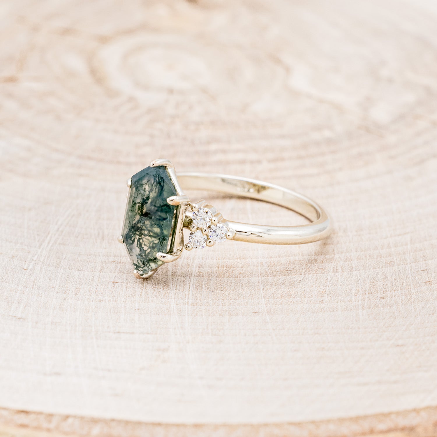 MATCHING SET OF "OCTAVIA" MOSS AGATE & TRACER WITH "DYAD" ANTLER & MOSS WEDDING RINGS-13