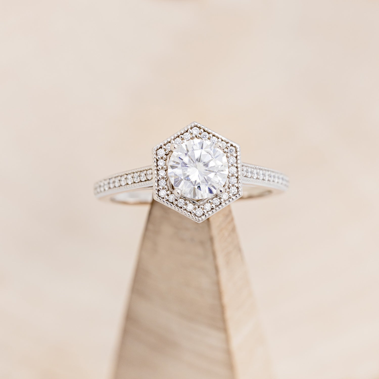 "ODESSA" - ROUND CUT MOISSANITE ENGAGEMENT RING WITH DIAMOND HALO & ACCENTS-7