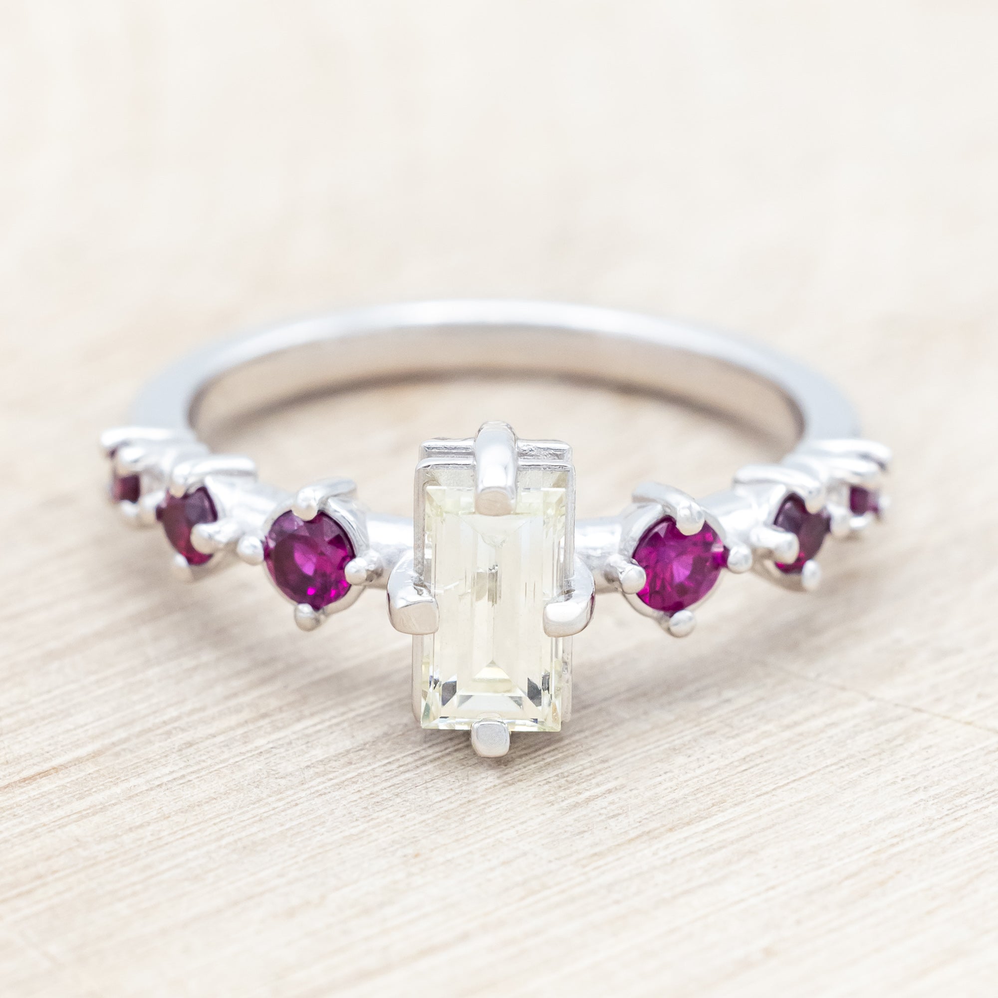 ONE-OF-A-KIND - "ISADORA" - BAGUETTE CUT CHAMPAGNE DIAMOND ENGAGEMENT RING WITH LAB-GROWN RUBY ACCENTS-Staghead Designs