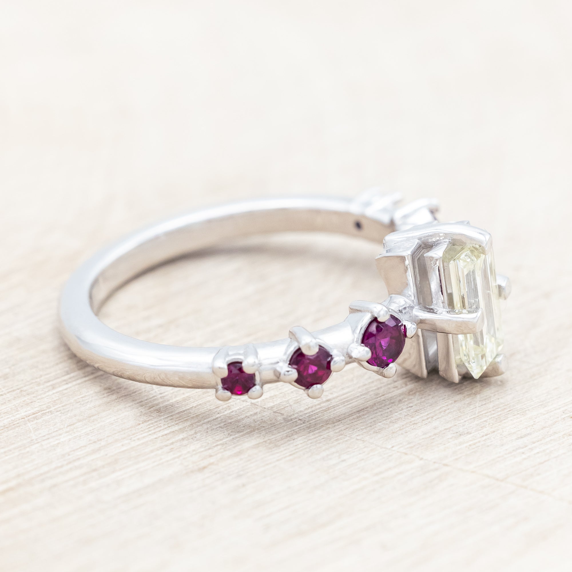 ONE-OF-A-KIND - "ISADORA" - BAGUETTE CUT CHAMPAGNE DIAMOND ENGAGEMENT RING WITH LAB-GROWN RUBY ACCENTS-Staghead Designs
