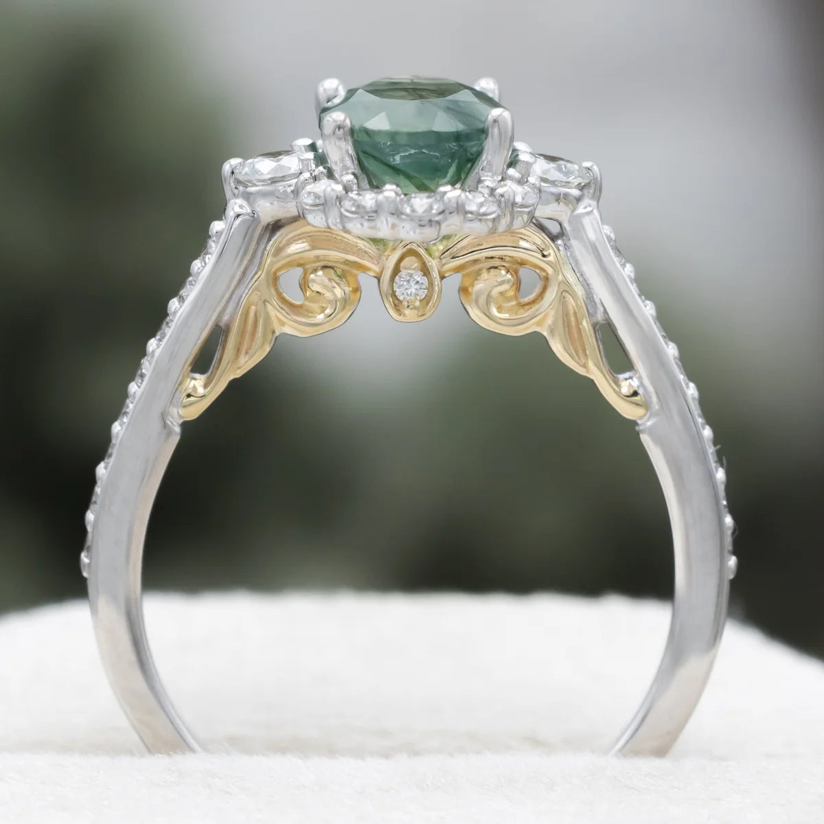 "Ophelia" - Oval Cut Moss Agate Engagement Ring With Diamond Halo & Accents - 14K White Gold - Size 6 1/2