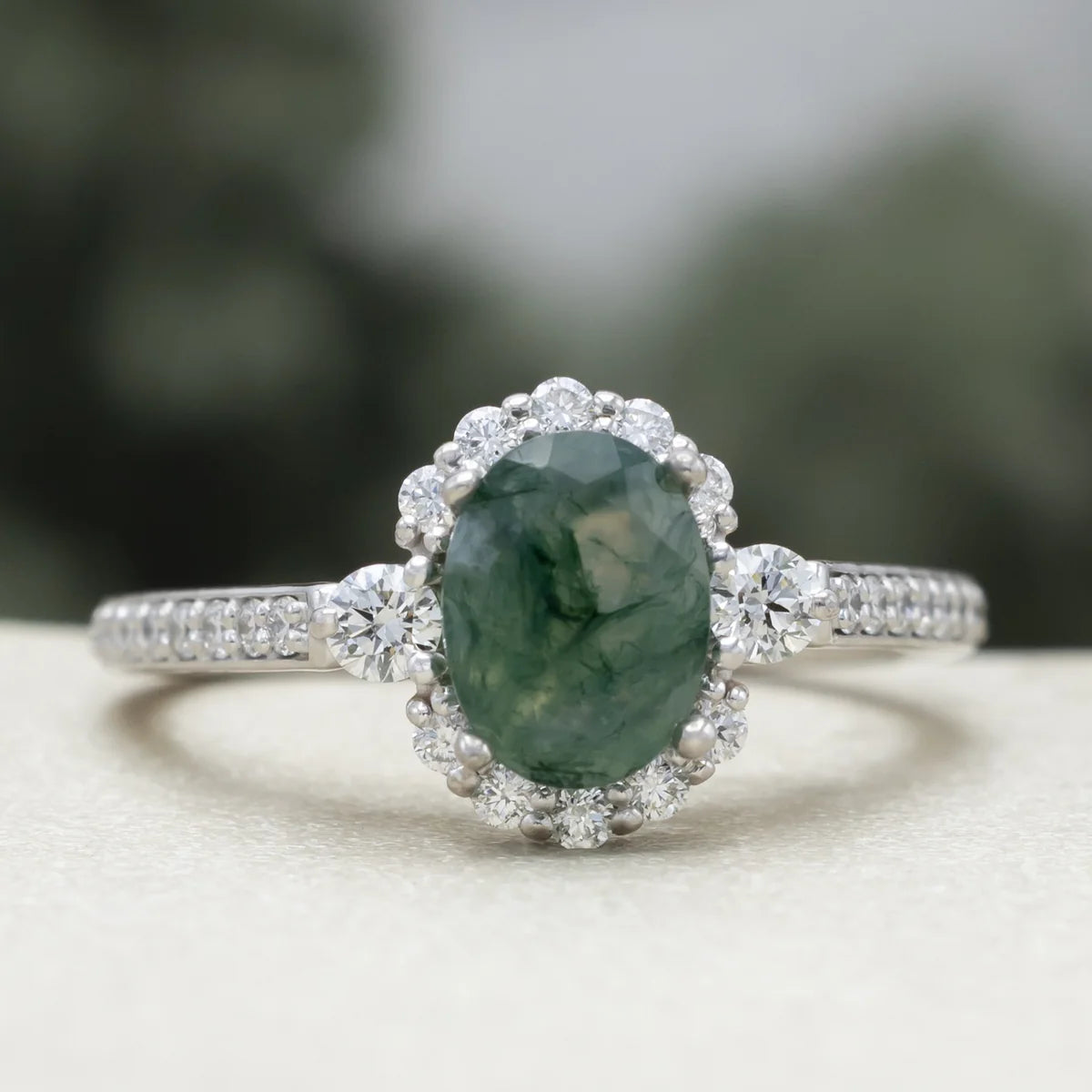 "Ophelia" - Oval Cut Moss Agate Engagement Ring With Diamond Halo & Accents - 14K White Gold - Size 6 1/2