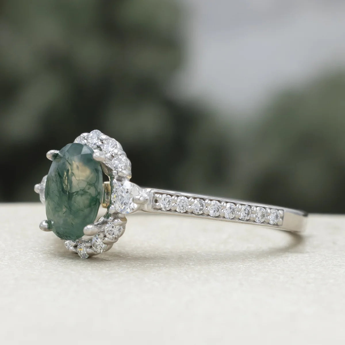 "Ophelia" - Oval Cut Moss Agate Engagement Ring With Diamond Halo & Accents - 14K White Gold - Size 6 1/2