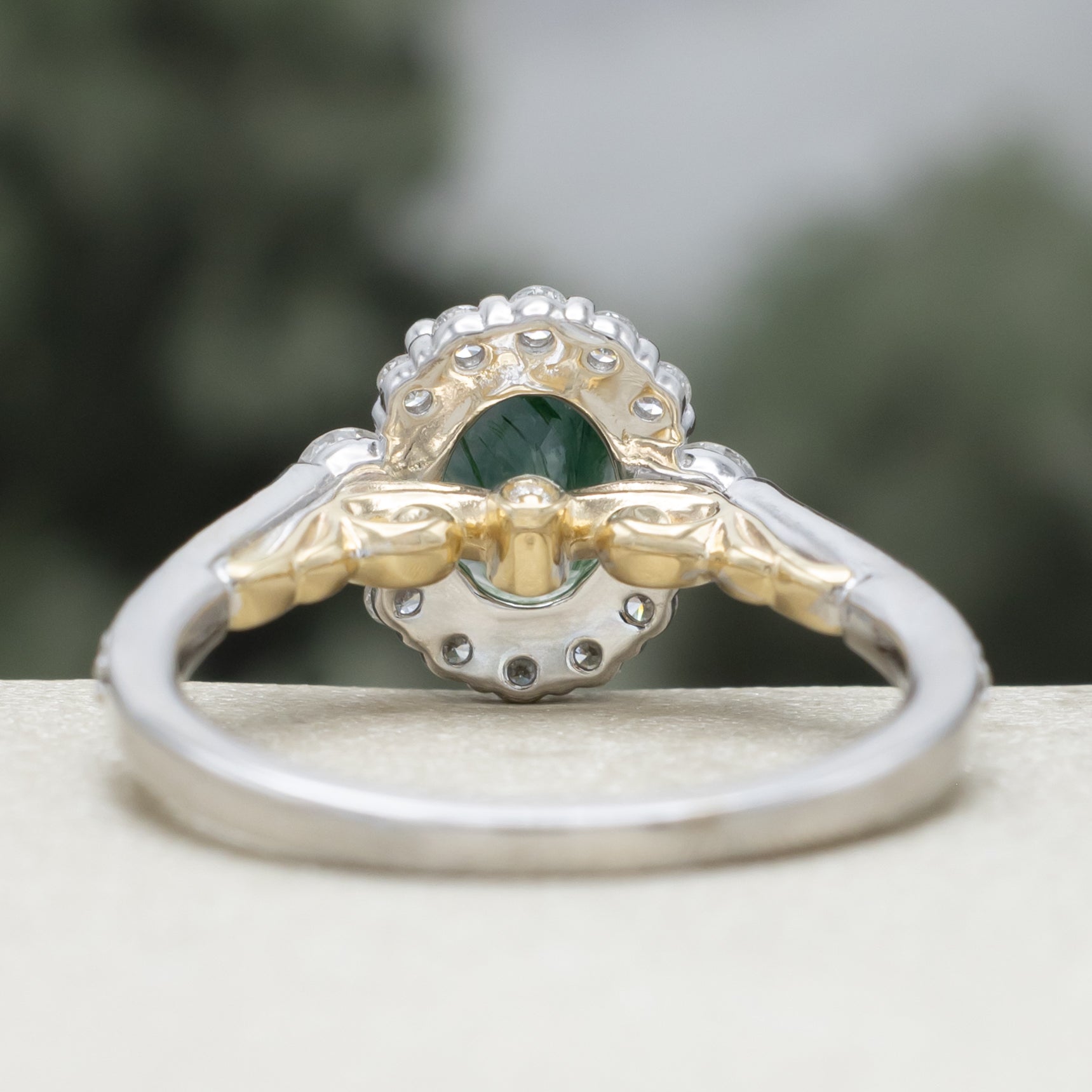 "Ophelia" - Oval Cut Moss Agate Engagement Ring With Diamond Halo & Accents