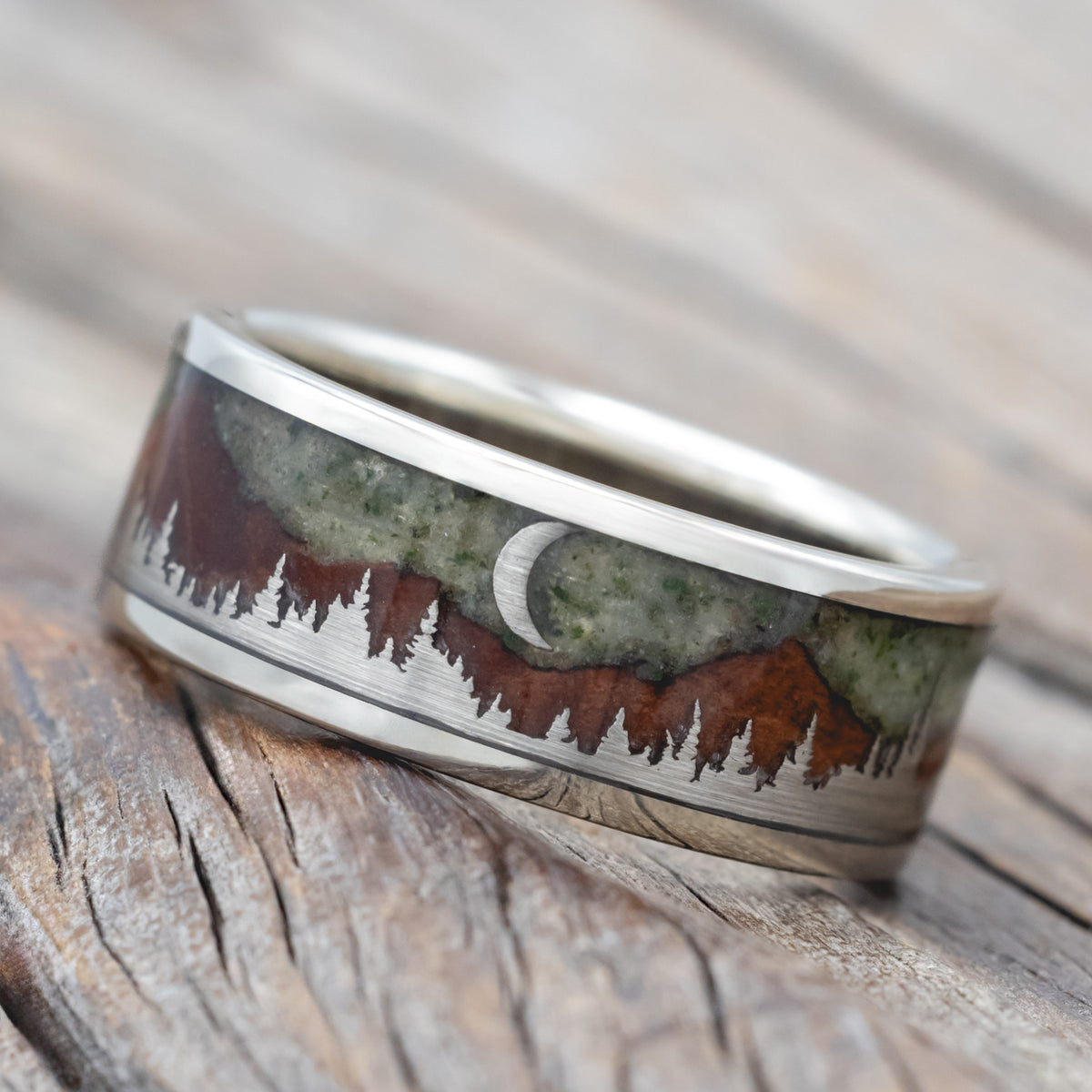 "Orion" - Moss Agate & Redwood Mountain Range Wedding Band With 14K Gold Tree & Crescent Moon Accents