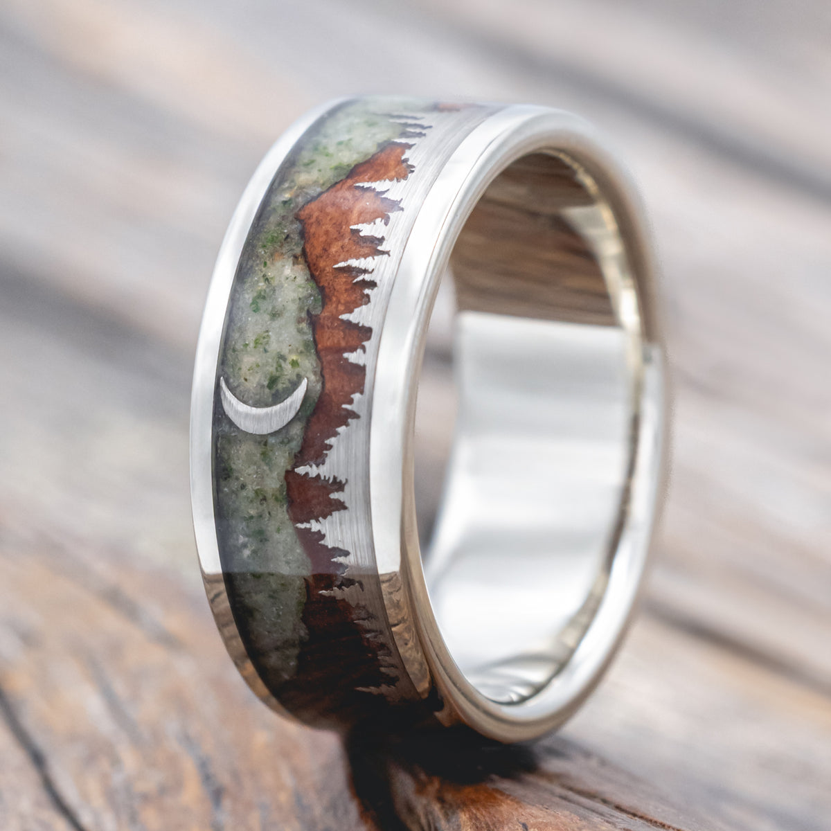"Orion" - Moss Agate & Redwood Mountain Range Wedding Band With 14K Gold Tree & Crescent Moon Accents