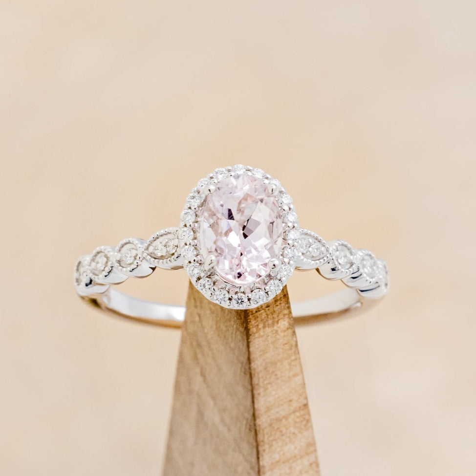 OVAL MORGANITE ENGAGEMENT RING WITH SCALLOP BAND & DIAMOND ACCENTS-13