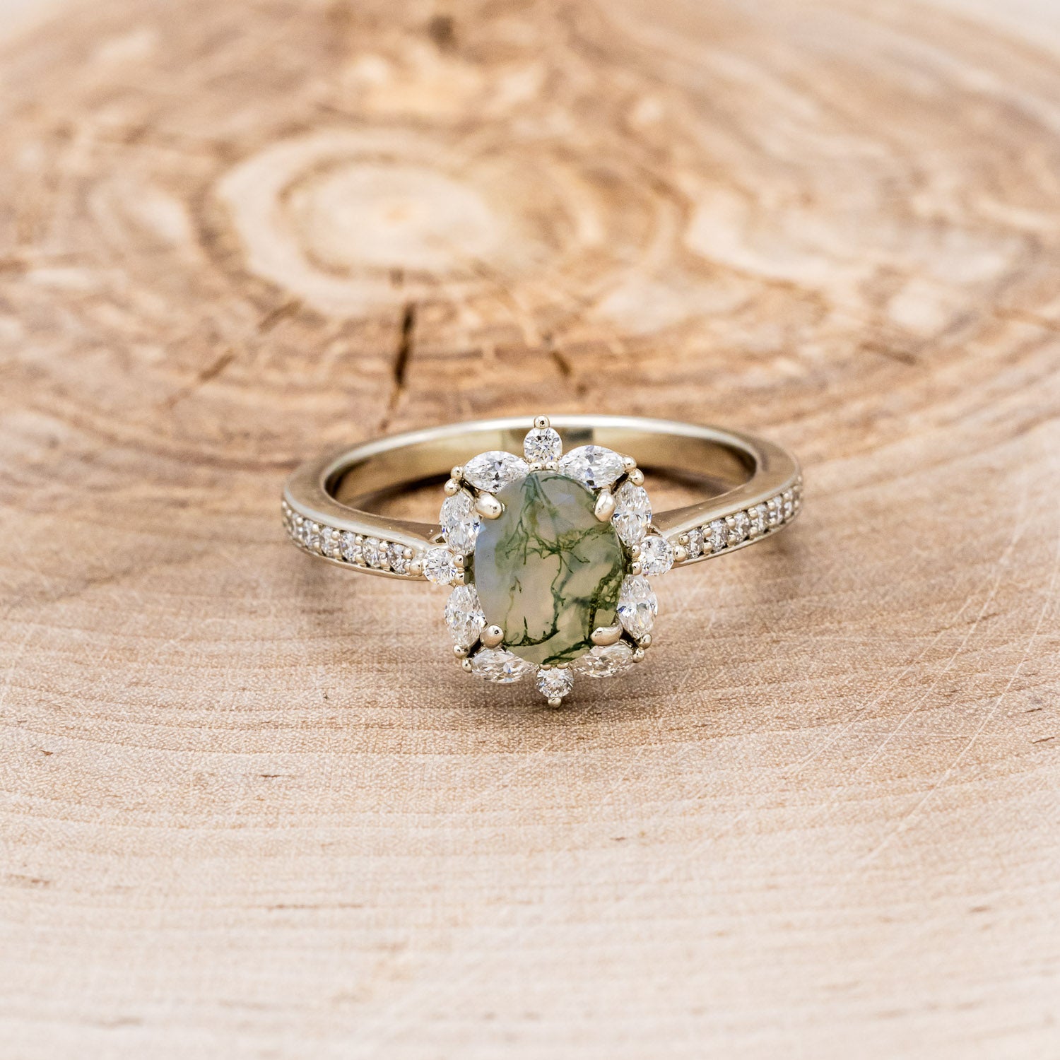 "ALICE" - OVAL MOSS AGATE ENGAGEMENT RING WITH DIAMOND HALO & ACCENTS-4