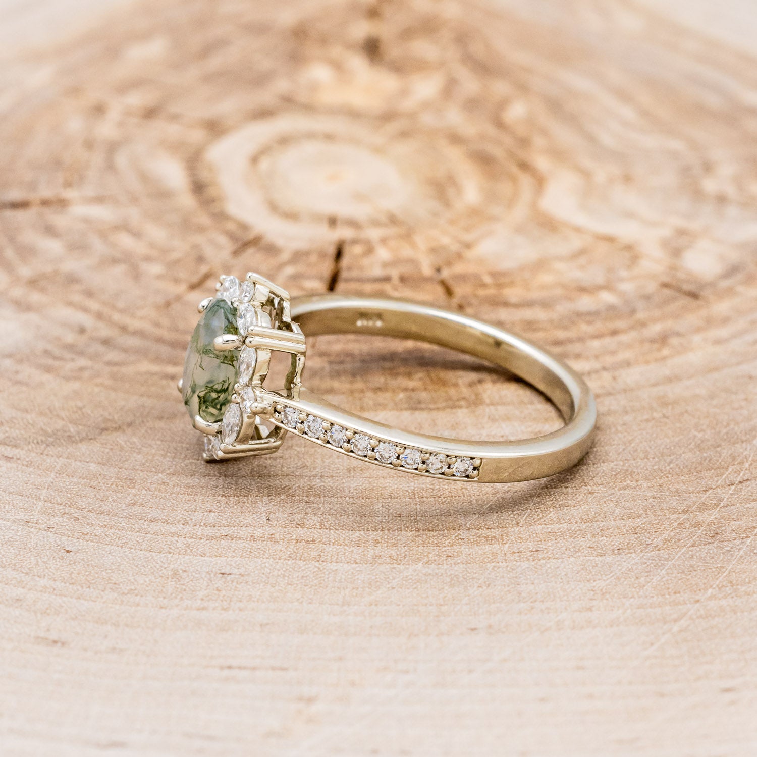 "ALICE" - OVAL MOSS AGATE ENGAGEMENT RING WITH DIAMOND HALO & ACCENTS-3