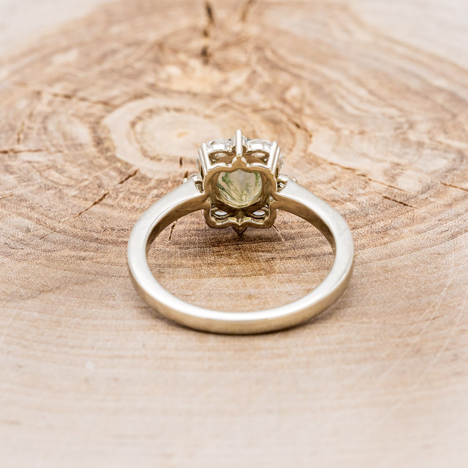 "ALICE" - OVAL MOSS AGATE ENGAGEMENT RING WITH DIAMOND HALO & ACCENTS-5