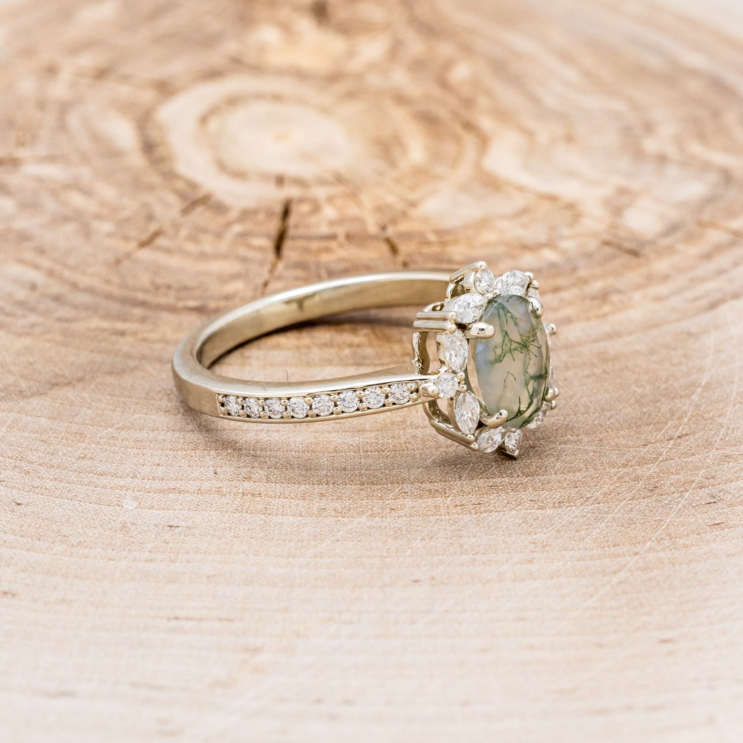 "ALICE" - OVAL MOSS AGATE ENGAGEMENT RING WITH DIAMOND HALO & ACCENTS-2