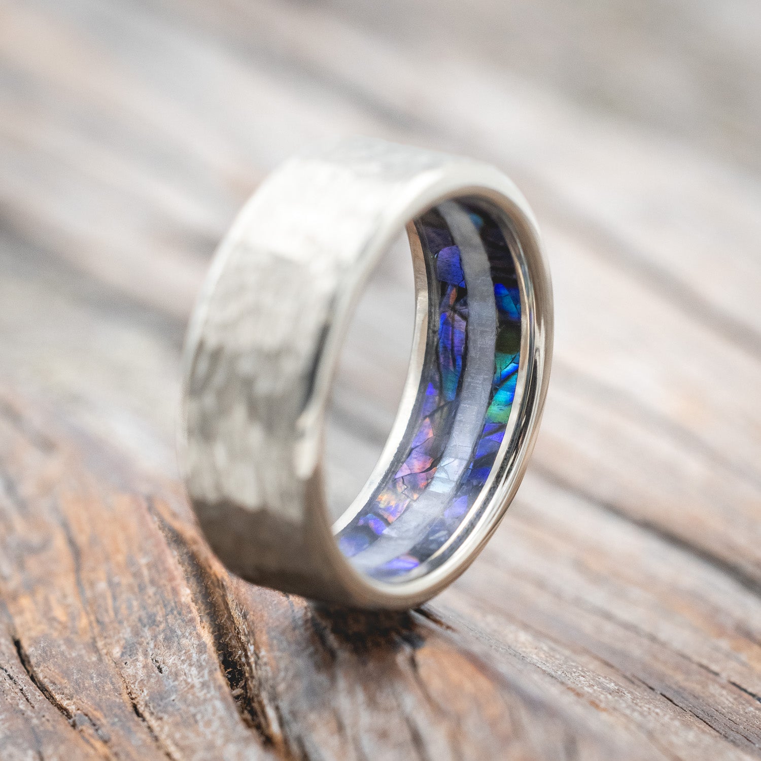 PAUA SHELL & MOTHER OF PEARL LINED WEDDING RING FEATURING A HAMMERED FINISH-Staghead Designs
