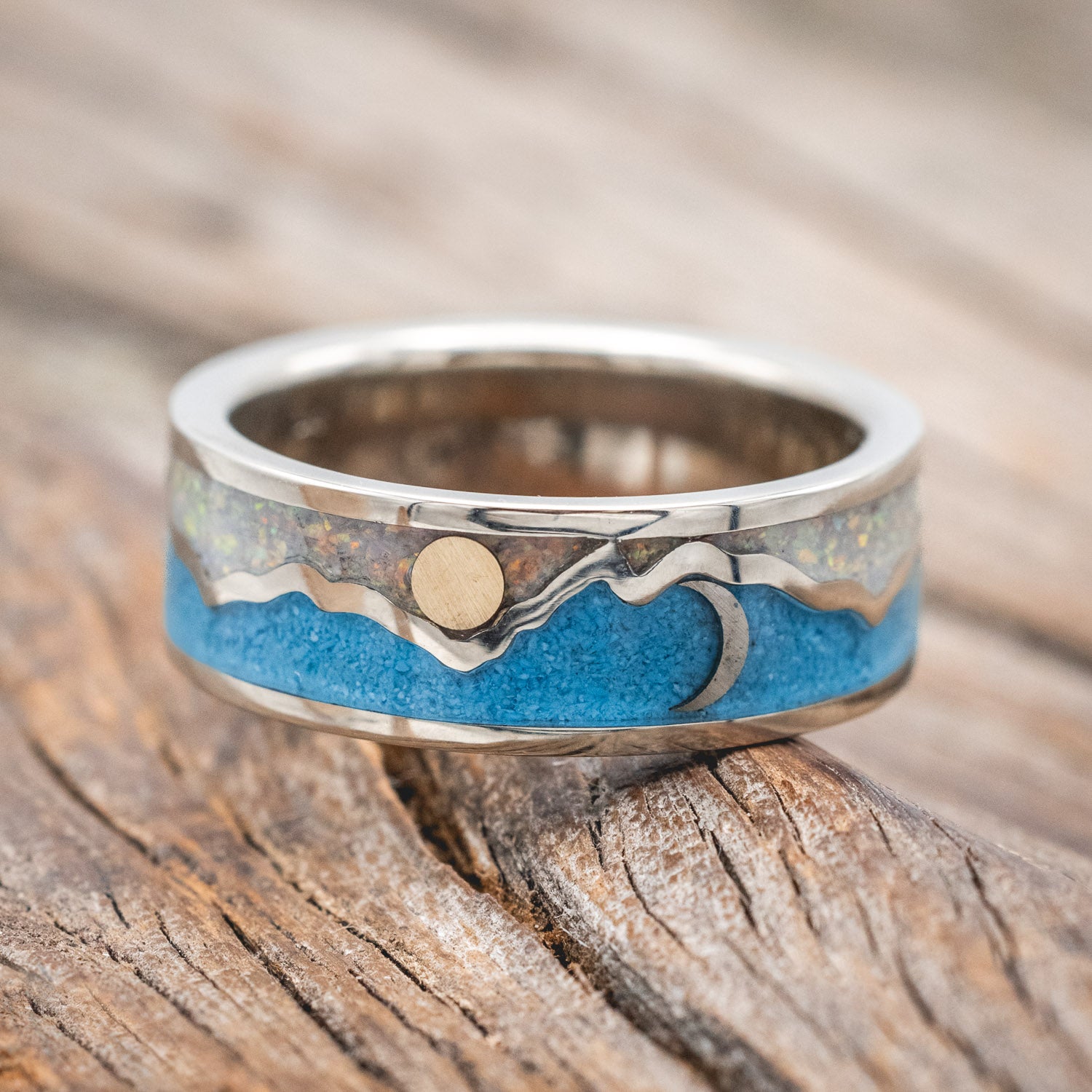 "PEAK" - WHITE OPAL & TURQUOISE INLAY MOUNTAIN RANGE WEDDING BAND WITH SUN & CRESCENT MOON ACCENTS-Staghead Designs