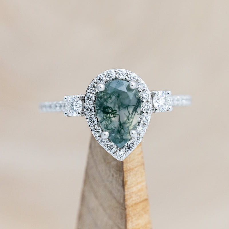 "KB" - PEAR MOSS AGATE ENGAGEMENT RING WITH DIAMOND HALO & ACCENTS-Staghead Designs