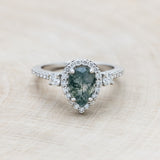 "KB" - PEAR MOSS AGATE ENGAGEMENT RING WITH DIAMOND HALO & ACCENTS-Staghead Designs