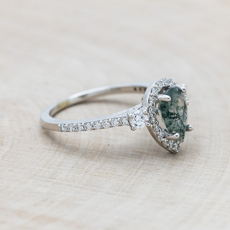 "KB" - PEAR MOSS AGATE ENGAGEMENT RING WITH DIAMOND HALO & ACCENTS-Staghead Designs