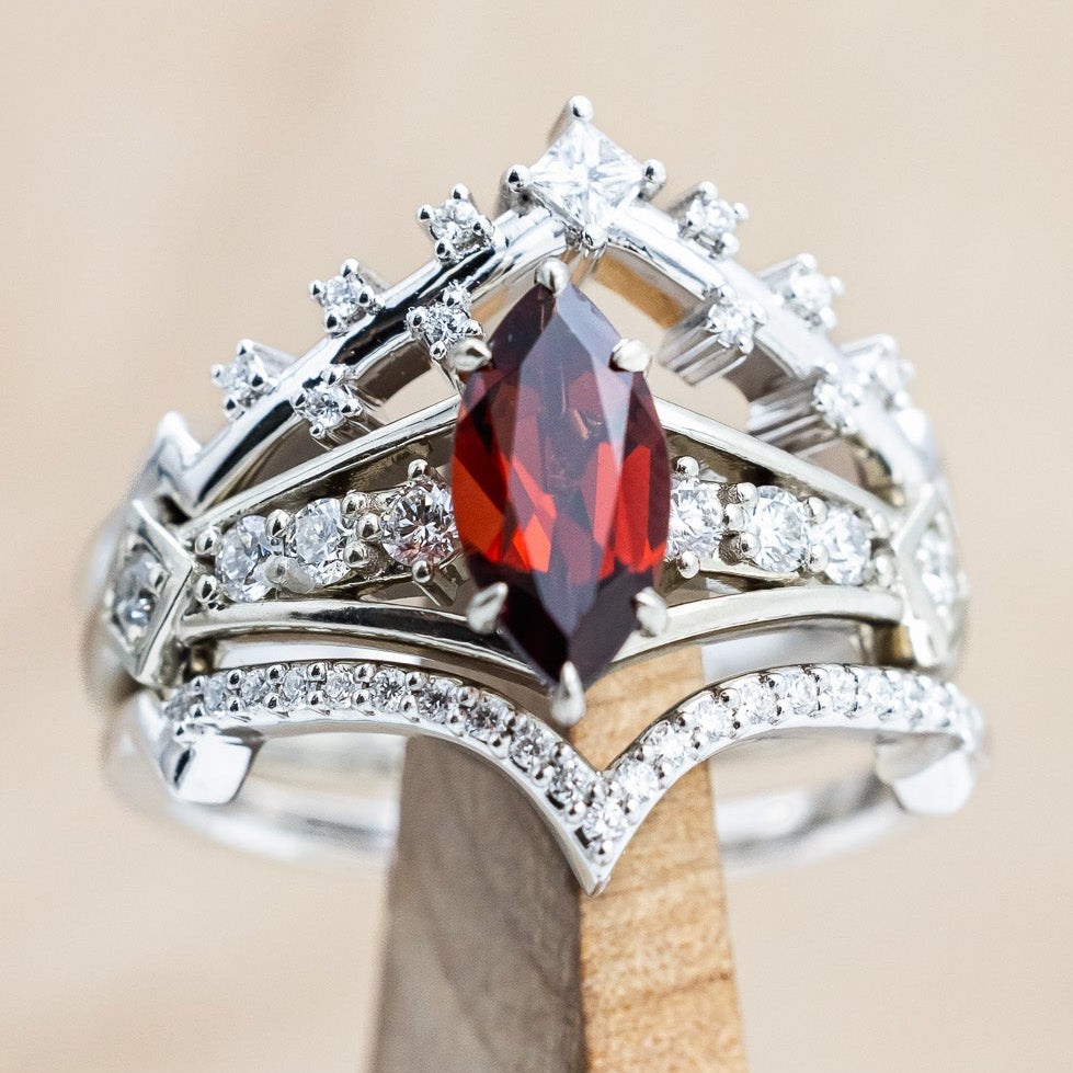 "PERSEPHONE" - BRIDAL SUITE - MARQUISE-CUT MOZAMBIQUE GARNET ENGAGEMENT RING WITH DIAMOND ACCENTS & TWO DIAMOND TRACERS-Staghead Designs