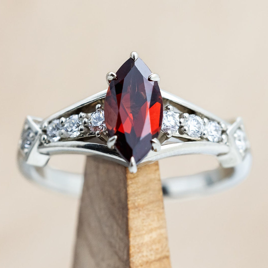 "PERSEPHONE" - BRIDAL SUITE - MARQUISE-CUT MOZAMBIQUE GARNET ENGAGEMENT RING WITH DIAMOND ACCENTS & TWO DIAMOND TRACERS-Staghead Designs