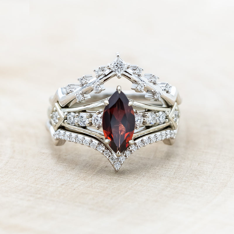 "PERSEPHONE" - BRIDAL SUITE - MARQUISE-CUT MOZAMBIQUE GARNET ENGAGEMENT RING WITH DIAMOND ACCENTS & TWO DIAMOND TRACERS-Staghead Designs