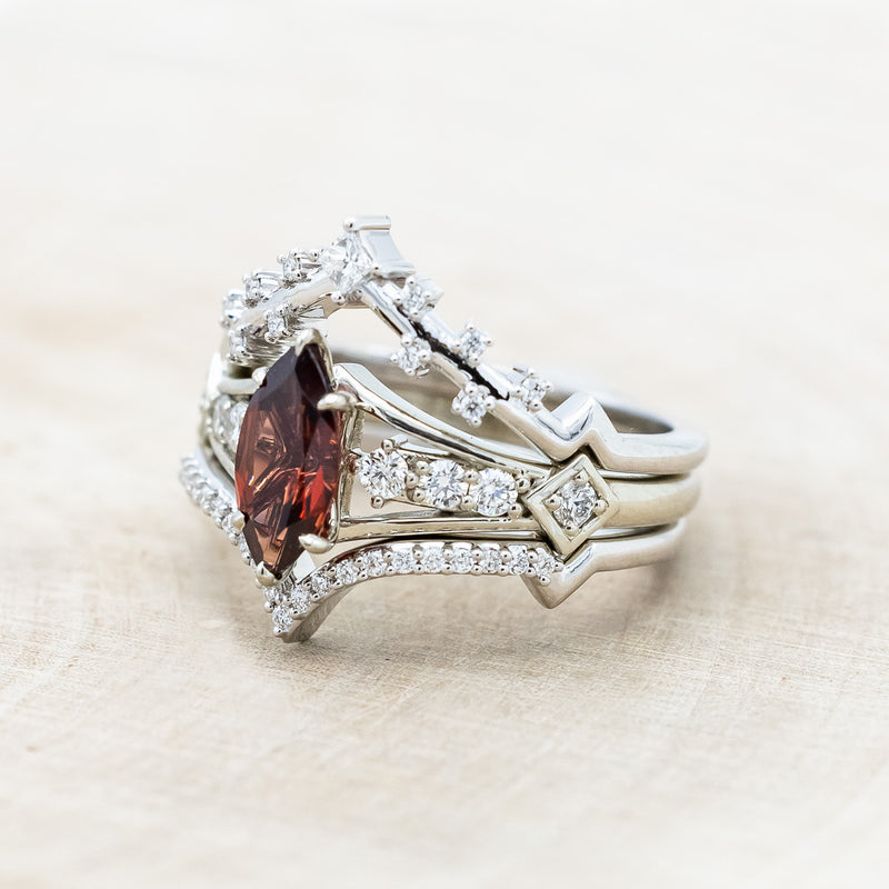 "PERSEPHONE" - BRIDAL SUITE - MARQUISE-CUT MOZAMBIQUE GARNET ENGAGEMENT RING WITH DIAMOND ACCENTS & TWO DIAMOND TRACERS-Staghead Designs