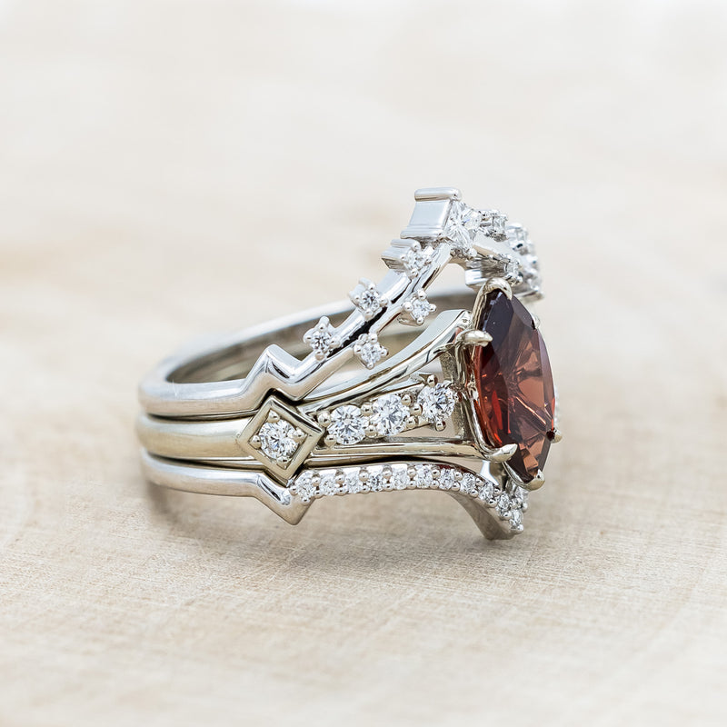 "PERSEPHONE" - BRIDAL SUITE - MARQUISE-CUT MOZAMBIQUE GARNET ENGAGEMENT RING WITH DIAMOND ACCENTS & TWO DIAMOND TRACERS-Staghead Designs