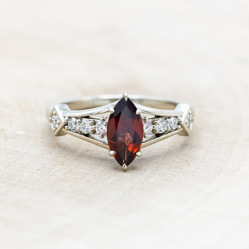 "PERSEPHONE" - BRIDAL SUITE - MARQUISE-CUT MOZAMBIQUE GARNET ENGAGEMENT RING WITH DIAMOND ACCENTS & TWO DIAMOND TRACERS-Staghead Designs