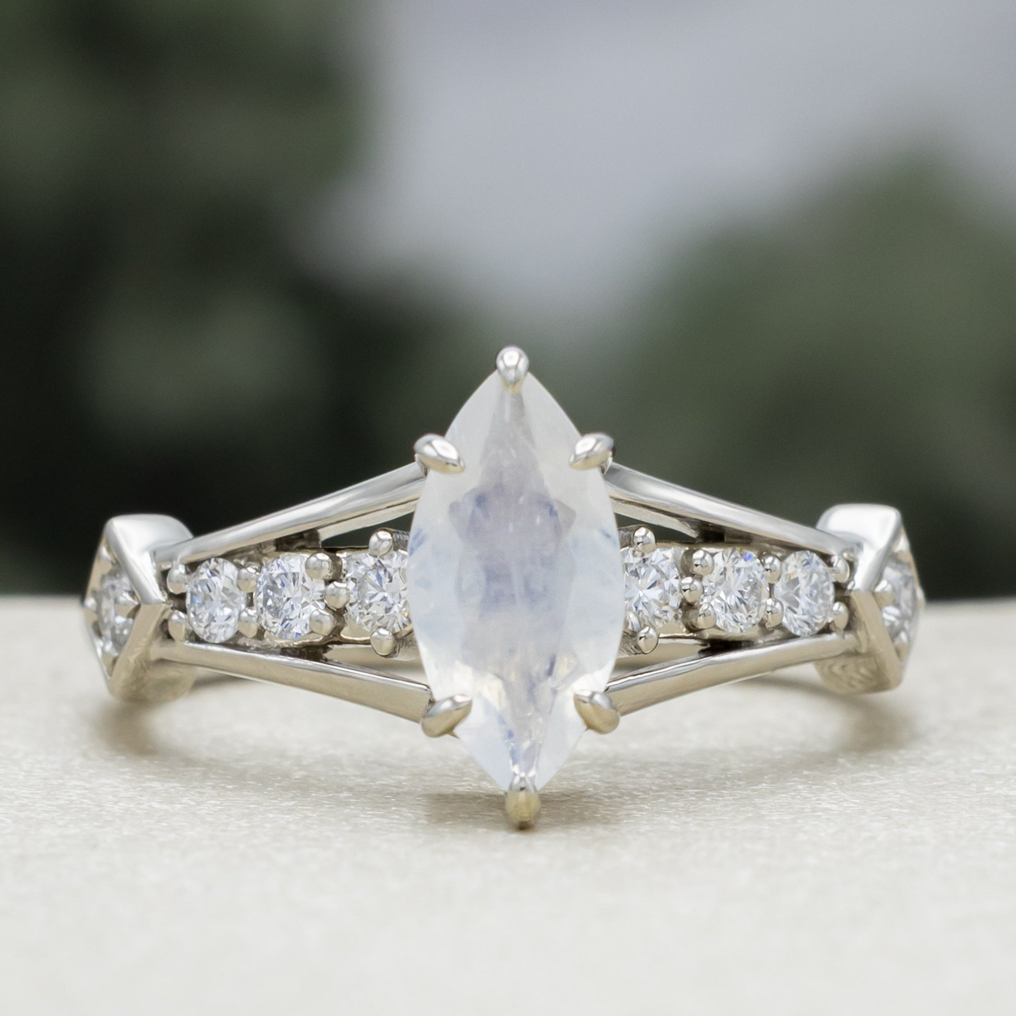 "Persephone" - Marquise Cut Moonstone Engagement Ring With Diamond Accents-Staghead Designs