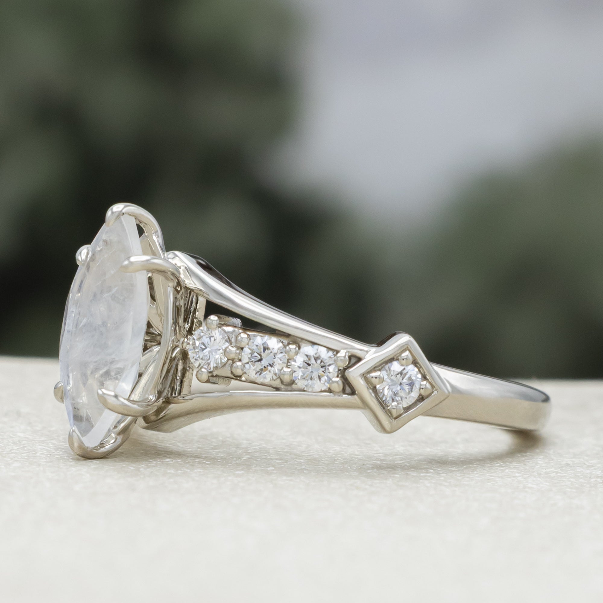 "Persephone" - Marquise Cut Moonstone Engagement Ring With Diamond Accents-Staghead Designs