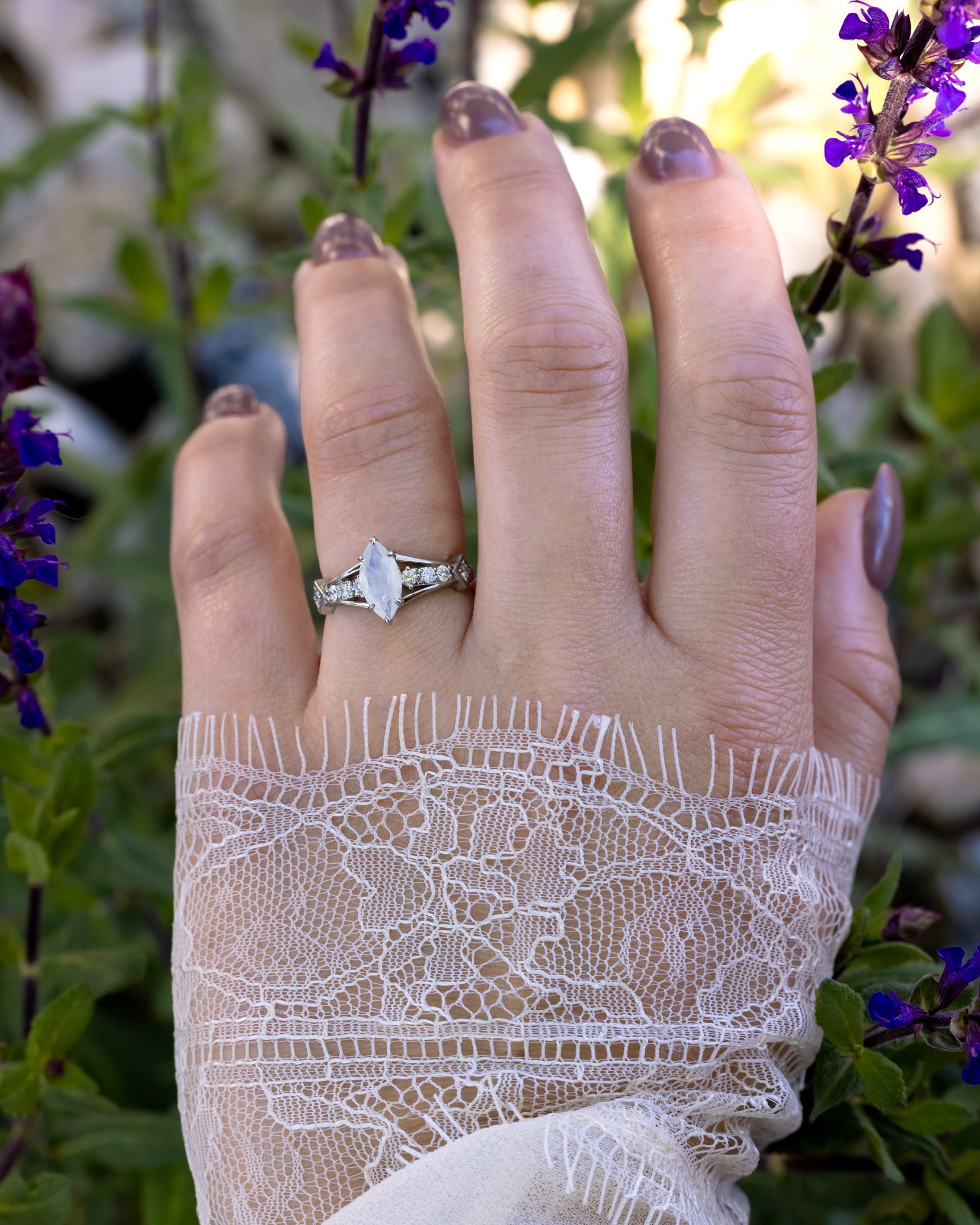 "Persephone" - Marquise Cut Moonstone Engagement Ring With Diamond Accents-Staghead Designs