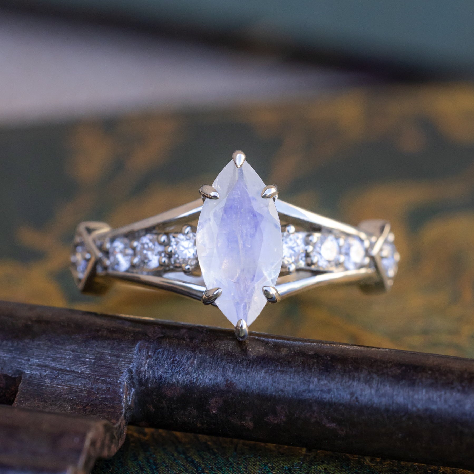 "Persephone" - Marquise Cut Moonstone Engagement Ring With Diamond Accents-Staghead Designs