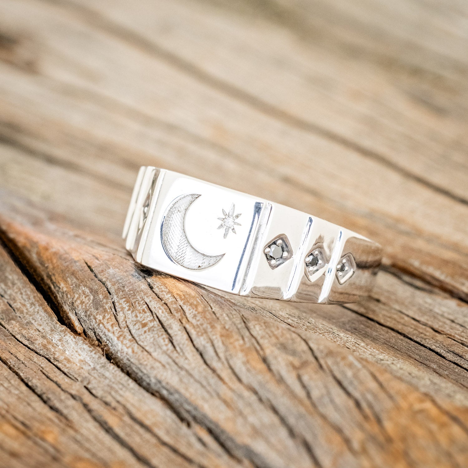 "PERSEUS" - 14K GOLD SIGNET RING WITH CRESCENT MOON ENGRAVING & BLACK DIAMOND ACCENTS-2