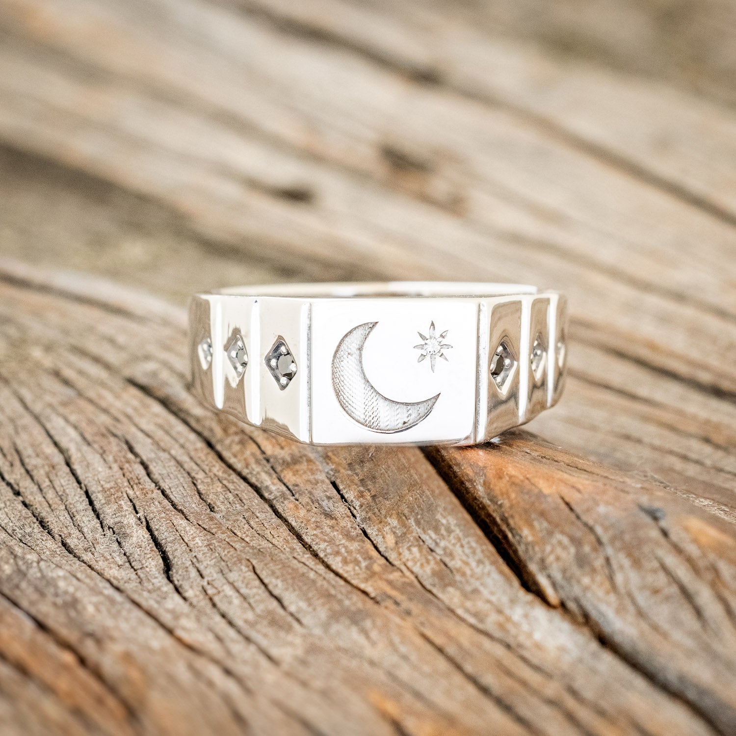 "PERSEUS" - 14K GOLD SIGNET RING WITH CRESCENT MOON ENGRAVING & BLACK DIAMOND ACCENTS-3