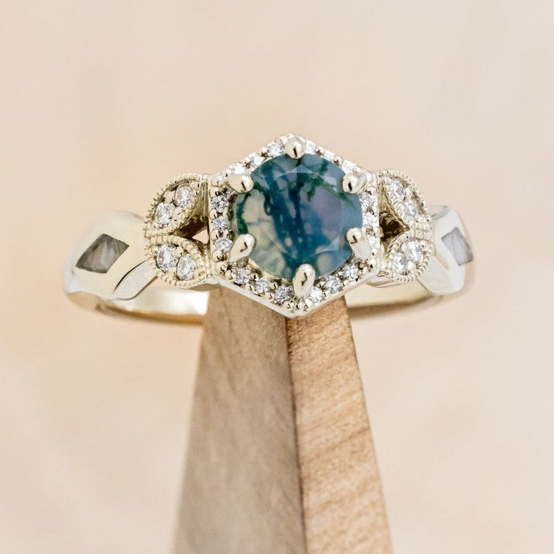 "LUCY IN THE SKY" PETITE - ROUND MOSS AGATE ENGAGEMENT RING WITH DIAMOND HALO & MOTHER OF PEARL INLAYS-1