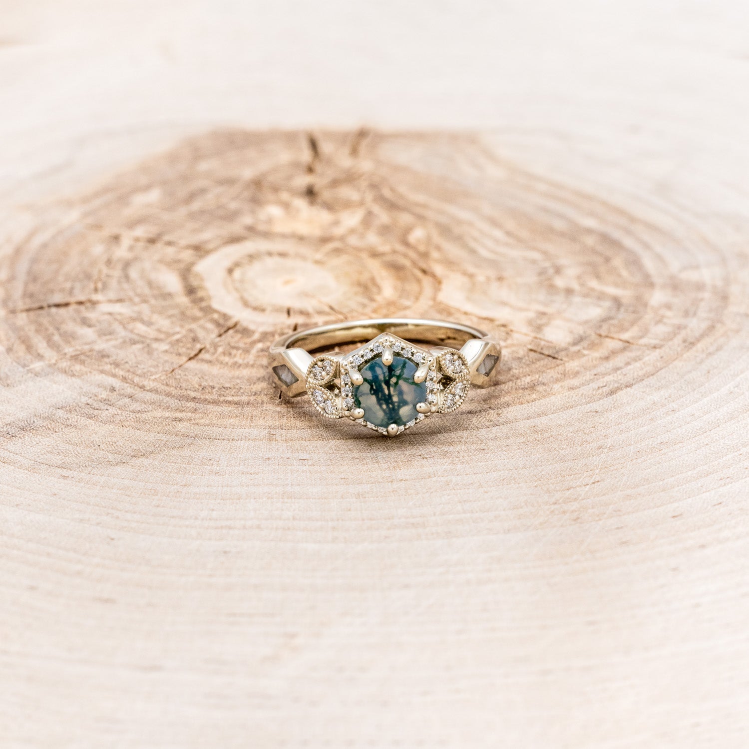 "LUCY IN THE SKY" PETITE - ROUND MOSS AGATE ENGAGEMENT RING WITH DIAMOND HALO & MOTHER OF PEARL INLAYS-4