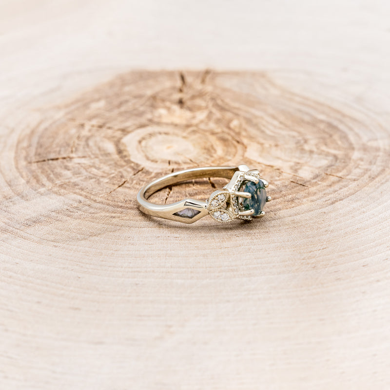 "LUCY IN THE SKY" PETITE - ROUND MOSS AGATE ENGAGEMENT RING WITH DIAMOND HALO & MOTHER OF PEARL INLAYS-2