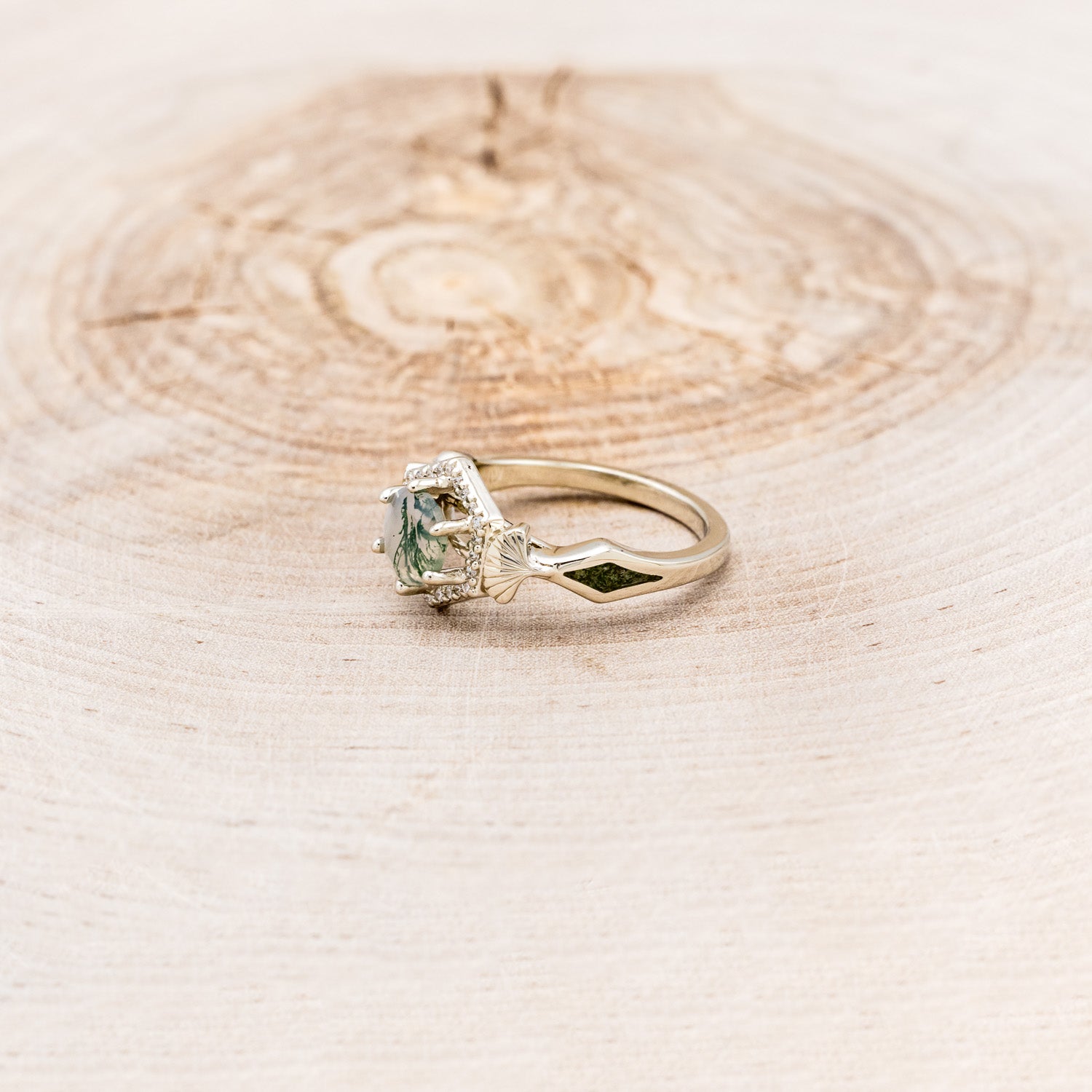 "LUCY IN THE SKY" PETITE - ROUND MOSS AGATE ENGAGEMENT RING WITH DIAMOND HALO, MOSS INLAYS & GINKGO LEAVES ACCENTS-3