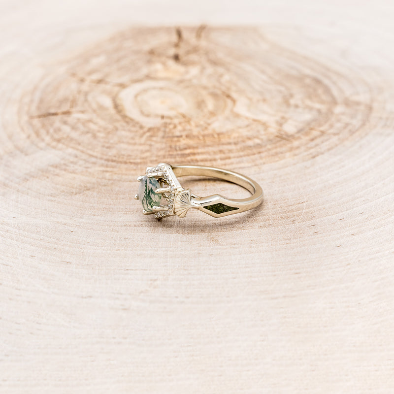 "LUCY IN THE SKY" PETITE - ROUND MOSS AGATE ENGAGEMENT RING WITH DIAMOND HALO, MOSS INLAYS & GINKGO LEAVES ACCENTS-3