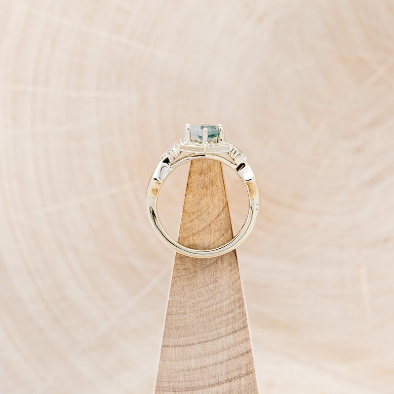 "LUCY IN THE SKY" PETITE - ROUND MOSS AGATE ENGAGEMENT RING WITH DIAMOND HALO, MOSS INLAYS & GINKGO LEAVES ACCENTS-6