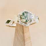 "LUCY IN THE SKY" PETITE - ROUND MOSS AGATE ENGAGEMENT RING WITH DIAMOND HALO, MOSS INLAYS & GINKGO LEAVES ACCENTS-1